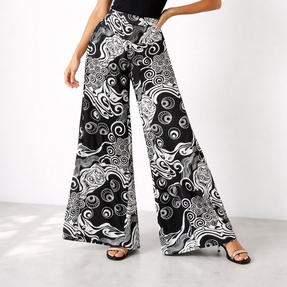 H&H Pants - H&H Fashion Black White Swirl Print Wide Leg Pants Size Large